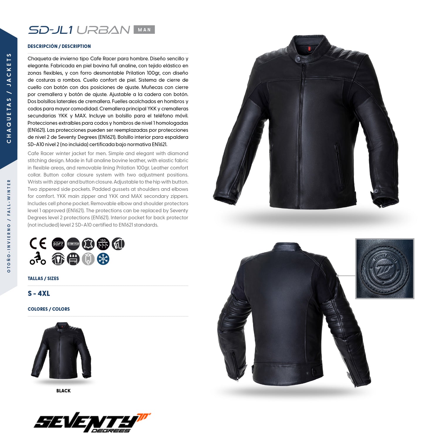 BLACK LEATHER JACKET SD-JL1 WINTER BY SEVENTY DEGREES